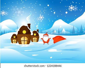Beautiful illustration Christmas winter landscape background. Christmas forest woods with mountains. New Year 2019 vector greeting card