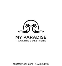 A beautiful illustration of a coconut tree by the beach logo design.