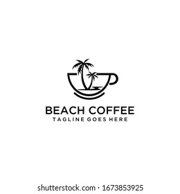 A beautiful illustration of a coconut tree by the beach with coffee cup logo design.