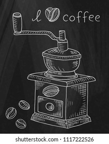 Beautiful illustration of coffee grinder with beans on chalkboard background