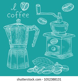 Beautiful illustration of coffee grinder and coffee pot with beans