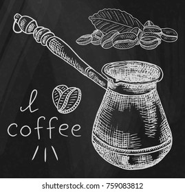 Beautiful illustration of the coffee pot with beans on chalkboard background