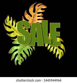 Beautiful illustration with colorful inscription sale tropical leaves on dark background for banner design. Sale discount banner