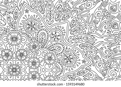 Beautiful illustration for coloring book page with black floral linear pattern on white background