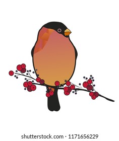 Beautiful illustration composition with winter bird on on a branch with red berries. Isolated on white background.