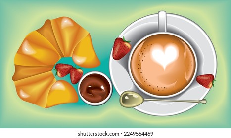 A beautiful illustration of a croissant with chocolate and strawberry and a cup of coffee cappuccino and a spoon on the green background, sweet breakfast 