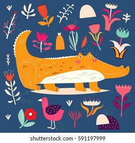 Beautiful illustration with cute crocodile on floral background