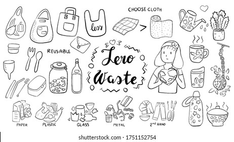 beautiful illustration cute doodle set of Zero Waste lifestyle, sustainable living concept. Lunch box, cloth bag, glass jars, mug cup, waste disposal and management, environment, eco friendly, plast