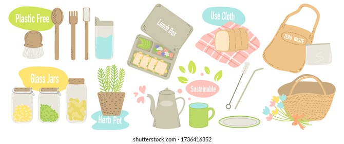 beautiful illustration cute flat design icon set of Zero Waste lifestyle, sustainable living concept. Lunch box, cloth bag, glass jars, mug cup, wooden spoon and fork, kettle pot, herb pot, woven bag.