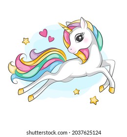 Beautiful illustration of cute flying magical unicorn with mane rainbow colors. Hand drawn picture for your design.