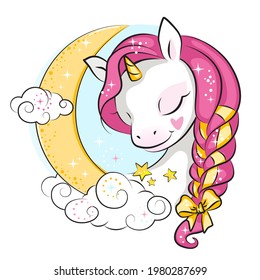 Beautiful illustration of cute little sleeping unicorn with moon and clouds. Colorful picture for your design.