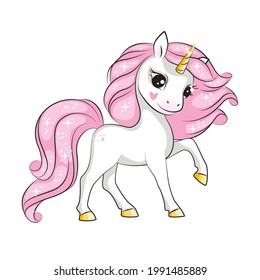 Beautiful illustration of cute little sleeping unicorn with pink mane. Isolated.Beautiful picture for your design.  