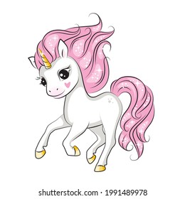 Beautiful illustration of cute little smiling unicorn with pink mane running. Isolated.Beautiful picture for your design.  