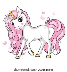 Beautiful illustration of cute little smiling unicorn with with a wreath of flowers on his head .Hand drawn illustration for your design.