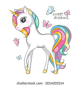 Beautiful illustration of cute little smiling unicorn  with mane  rainbow colors  .Hand drawn picture for your design.