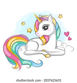 Beautiful illustration of cute  magical unicorn with mane rainbow colors. Its lies on clouds. Isolated. Beautiful picture for your design.  