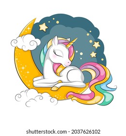 Beautiful illustration of cute sleeping magical unicorn with mane rainbow colors. Its lies on the moon. Hand drawn picture for your design.