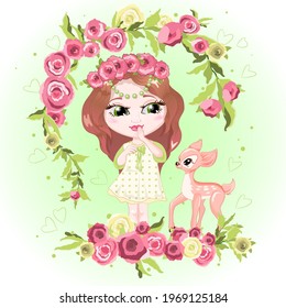 Beautiful illustration of a cute smiling girl in a wreath of flowers, standing on a meadow of flowers. Baby girl with her pet. Character with a little deer. Fashionable girl in a summer dress