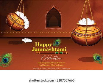 Beautiful Illustration of Dahi Handi, Traditional Poster Design for Hindu Festival festival background of India with text in Hindi meaning Shri Krishan Janmashtami