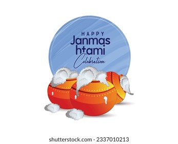 Beautiful Illustration of Dahi Handi, Traditional Poster Design for Hindu Festival Shree Krishna Janmashtami . Shri Krishna Janmashtami typography with peacock feather. Happy Janmashtami.