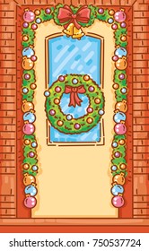 Beautiful illustration of decorated door for Christmas, New Year celebration. With gift, present boxes, christmas tree and branches with lights. In vector hand drawn cartoon, doodle style 