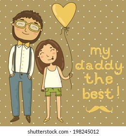 Beautiful illustration of a father and daughter. Card for father's day