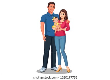 Hermosa ilustración de padre y madre con hija. Familia feliz