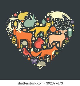 Beautiful illustration with forest animals in a heart shape. Love nature concept. Flat illustration of cute animals for poster, cover design, t-shirt design.