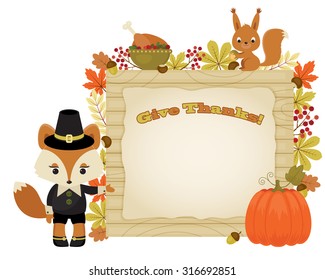 Beautiful illustration of fox pilgrim close to signboard with many leaves and figments. Squirrel and roasted turkey. Eps 10