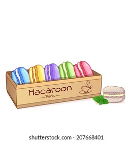 Beautiful illustration of a French dessert macaroons in an elegant box. Vector