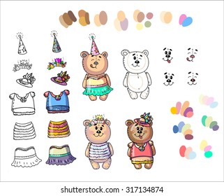 Beautiful illustration. Funny teddy bear with dress, you can paint it yourself and combine different style. Its happy for kids. Fashion bear girl. Easy to change! Cheerful wardrobe. Separate layers