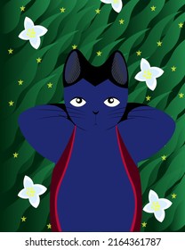 A beautiful illustration with a galactic cat resting in a clearing of flowers. Children's illustration for books, cards, posters, banners.