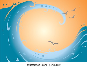 beautiful illustration of the giant sea wave with seagulls and place for your text in the center (AI8 with gradient)