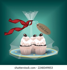 A beautiful illustration with a gift collection of chocolate cupcakes on the paper plate with red lace and inscription 'with love'