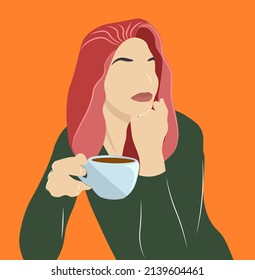 Beautiful illustration of a girl drinking coffee in a cafe. Cozy environment around. Modern design of people in the conditions of life in the city.