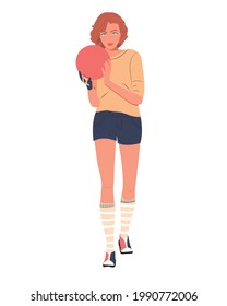 Beautiful illustration with girl playing bowling on white background. Vector illustration isolated. Sport background. Sport play. White background. Baby girl.