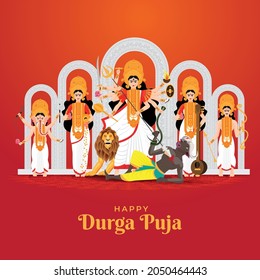 Beautiful illustration of Goddess Durga with family including Lord Ganesha, Lakshmi, Saraswati and Kartike in Happy Durga Puja Subh Navratri 