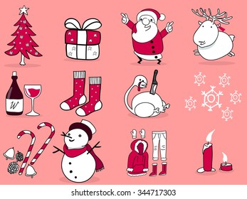 Beautiful Illustration Graphic Design Of Christmas,12 Things Of Christmas; Christmas Tree,gift Box,santa Claus,reindeer,wine,stocking Stuffers,turkey,winter,decoration,snow Man,candle,snow Suit