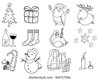 Beautiful Illustration Graphic Design Of Christmas,12 Things Of Christmas; Christmas Tree,gift Box,santa Claus,reindeer,wine,stocking Stuffers,turkey,winter,decoration,snow Man,candle,snow Suit