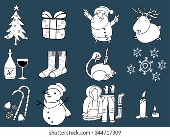 Beautiful Illustration Graphic Design Of Christmas,12 Things Of Christmas; Christmas Tree,gift Box,santa Claus,reindeer,wine,stocking Stuffers,turkey,winter,decoration,snow Man,candle,snow Suit