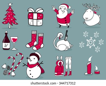 Beautiful Illustration Graphic Design Of Christmas,12 Things Of Christmas; Christmas Tree,gift Box,santa Claus,reindeer,wine,stocking Stuffers,turkey,winter,decoration,snow Man,candle,snow Suit