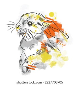 Beautiful illustration of a graphic rabbit on canvas with strokes of paint in a modern style