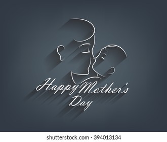 Beautiful illustration of greeting card of happy Mother's Day celebration with  black and with color and long shadow. text and  image of happy mother holding her cute baby that smiling to her mom.