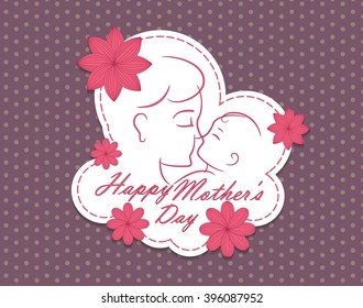 Beautiful illustration of greeting card of happy Mother's Day celebration with pink color and with color in cloth style. text and  image of happy mother holding her cute baby that smiling to her mom.