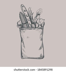 
Beautiful illustration of grocery bag, food delivery quarantine, stay at home, supermarket