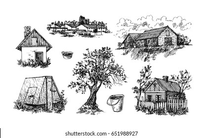 Beautiful illustration hand drawn eco farm. Sketch style.