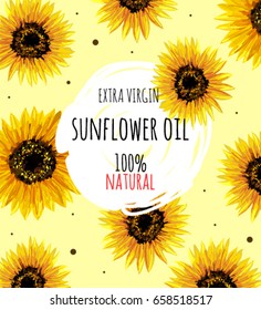 Beautiful illustration with handdrawn sunflowers on yellow background. Design for sunflower oil, sunflower packaging, natural cosmetics, health care products
