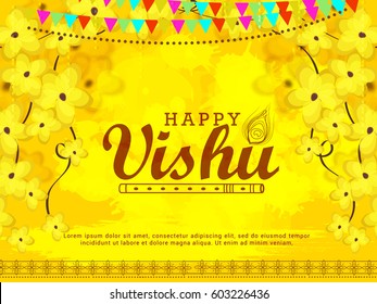 Beautiful Illustration of Happy Vishu Typography Design On Traditional Background.