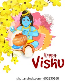 Beautiful Illustration of Happy Vishu Typography Design On Traditional Background.