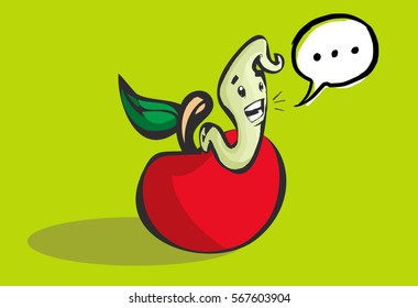 Beautiful illustration of a happy worm coming out of a hole in an apple